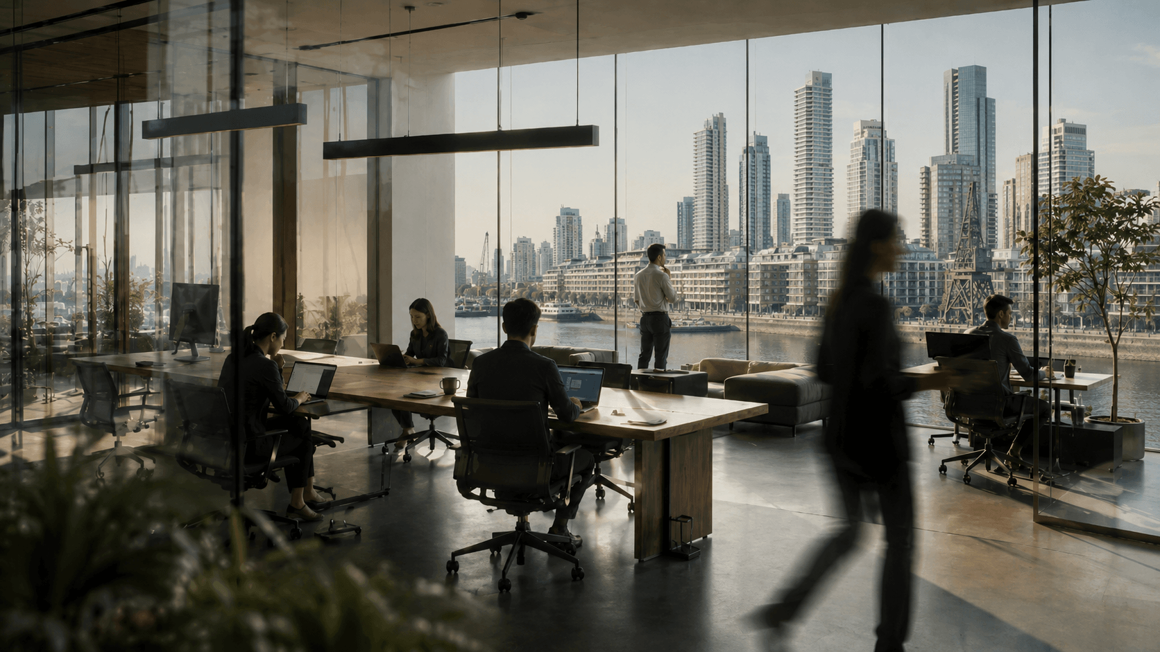 Equipo de Push N Pull trabajando en oficina con vista a Puerto Madero